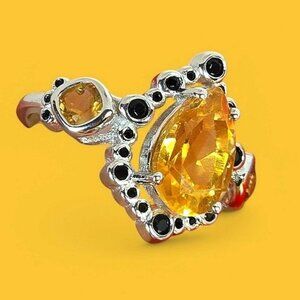 925 Sterling Silver Ring Sz 7.75 with Natural Citrine 12x8mm and Black Spinel